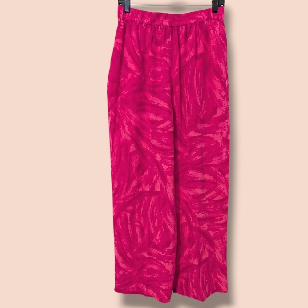 Diane Gilman Pink Abstract Printed 100% Silk High Rise Wide Leg Pull-On Pants XL